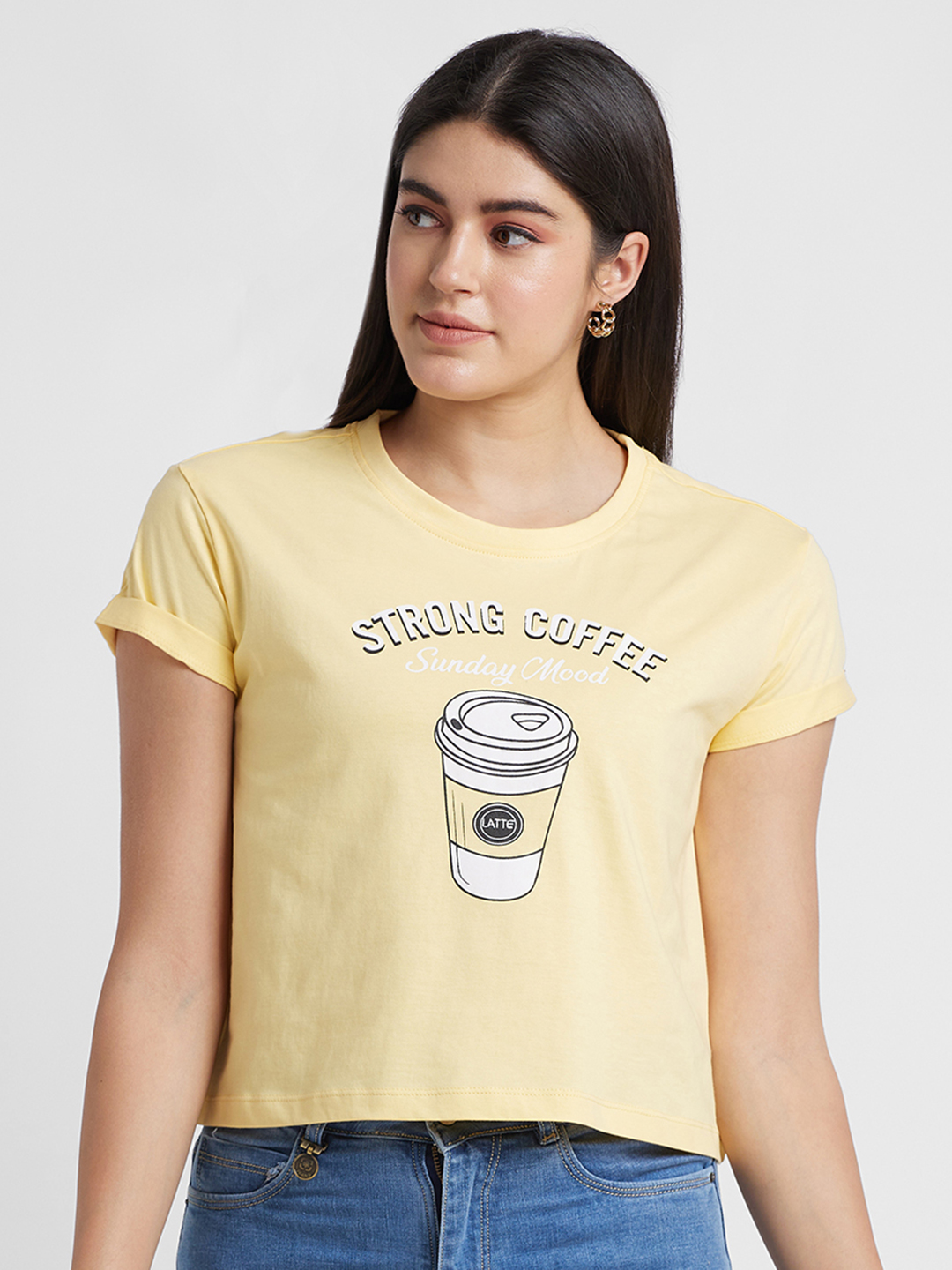 Globus Women Yellow Printed Cotton Regular Fit Casual Crop T-shirt