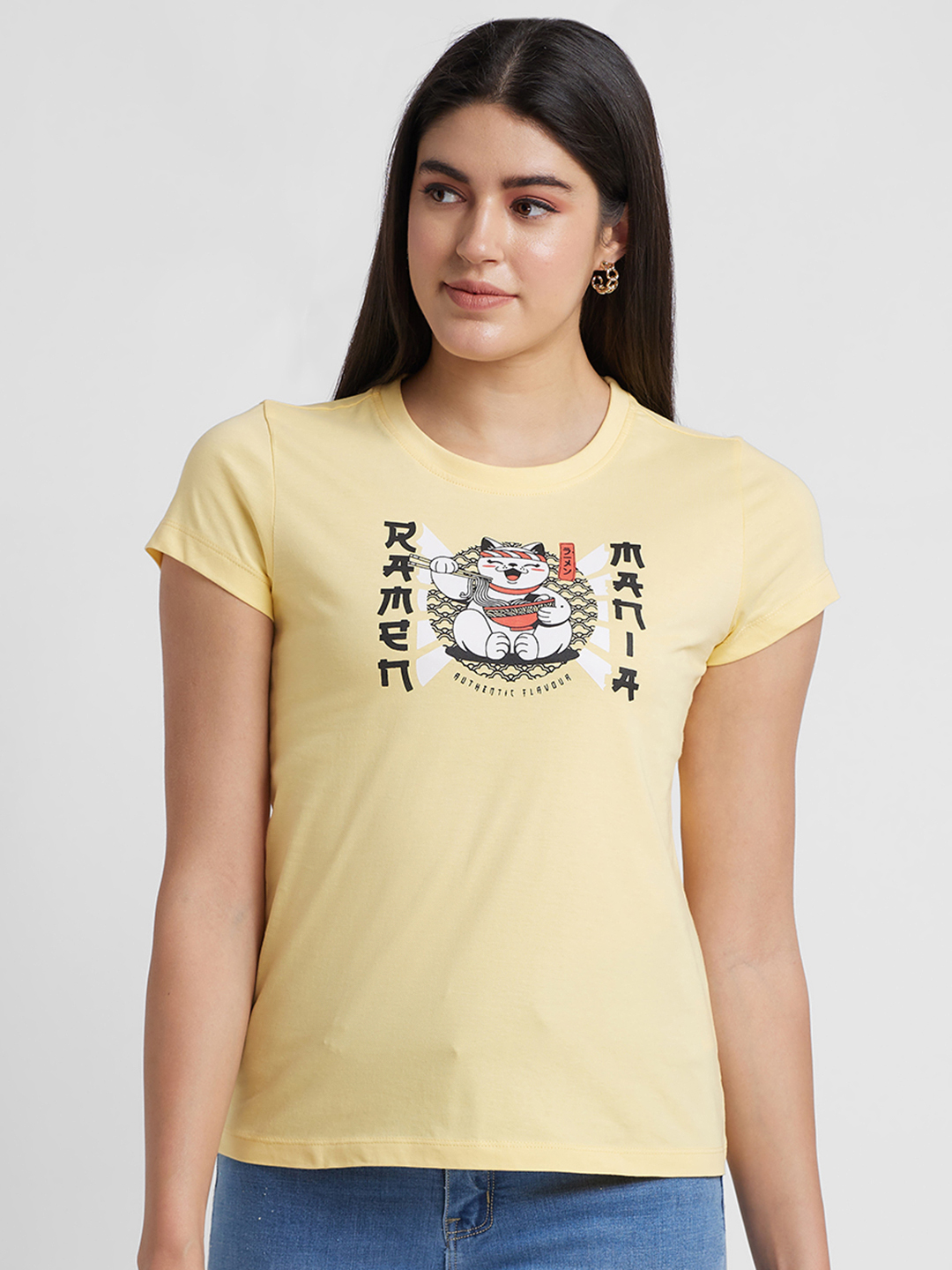 Globus Women Yellow Printed Cotton Regular Fit Casual T-shirt