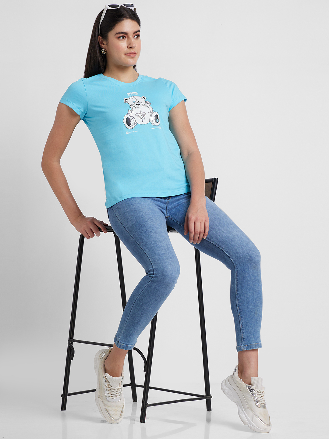 Globus Women Turquoise Printed Cotton Regular Fit Tshirt