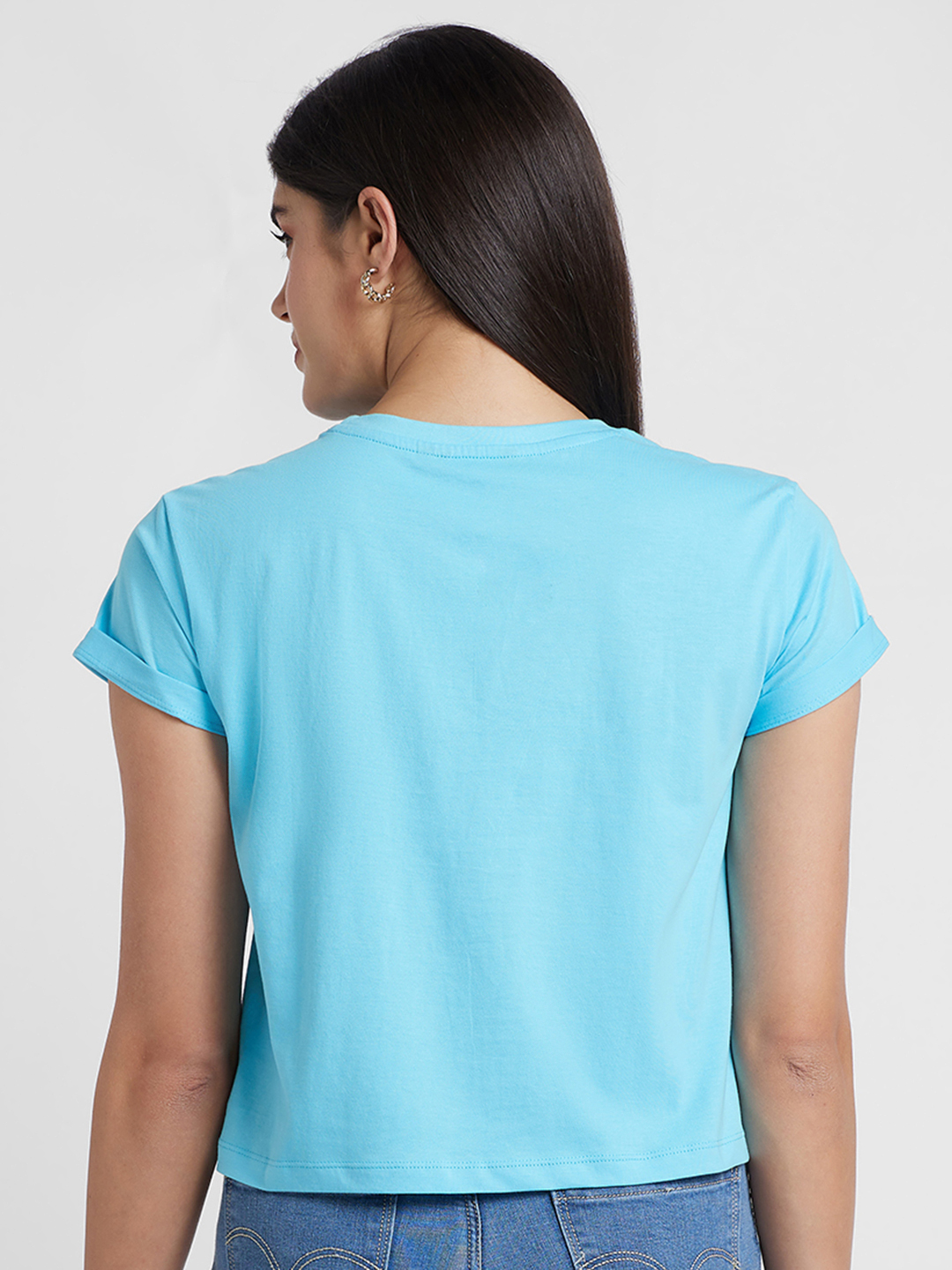 Globus Women Turquoise Printed Cotton Regular Fit Crop Tshirt