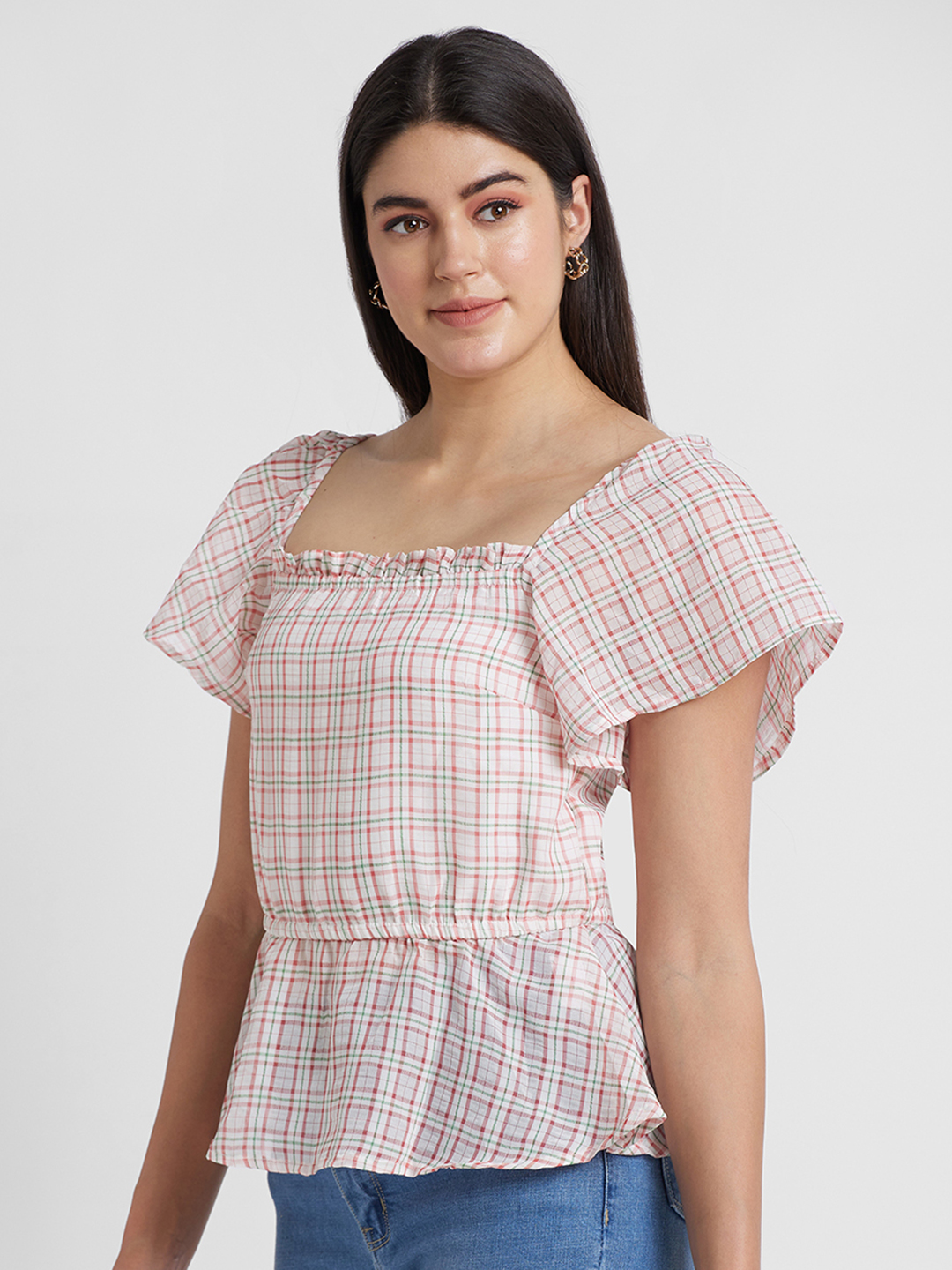 Globus Women White Checked Square Neck Cinched Waist Top