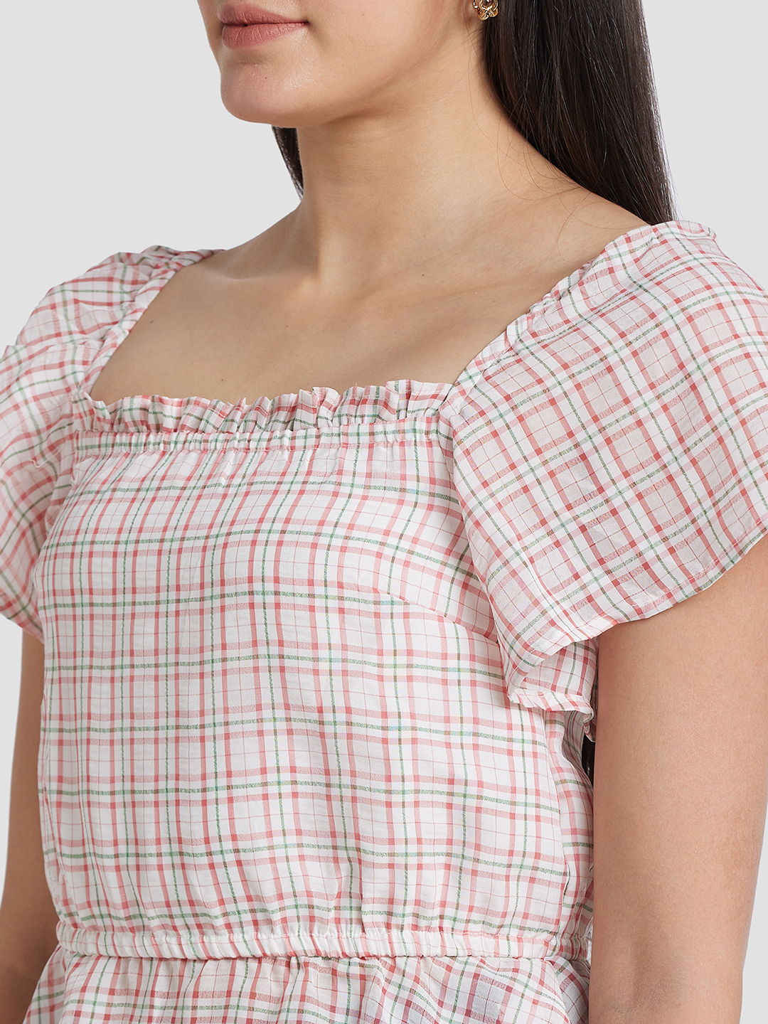 Globus Women White Checked Square Neck Cinched Waist Top