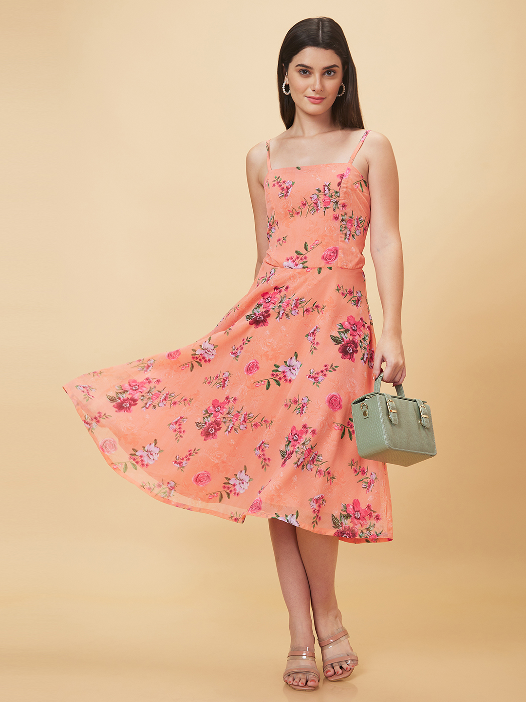 Globus Women Peach Printed Fit and Flare Casual Dress