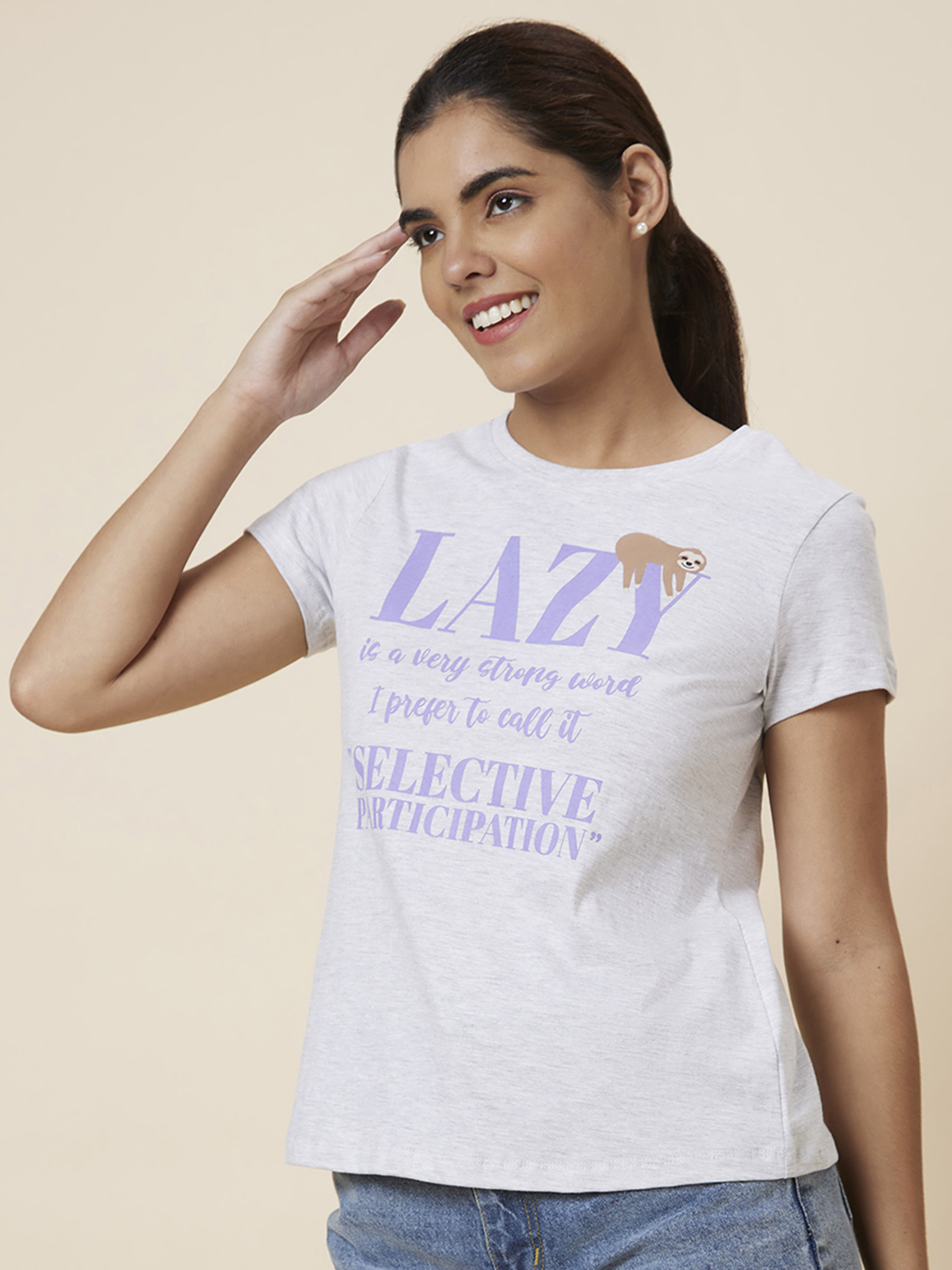 Globus Women Grey Regular Fit Printed Cotton T-Shirt