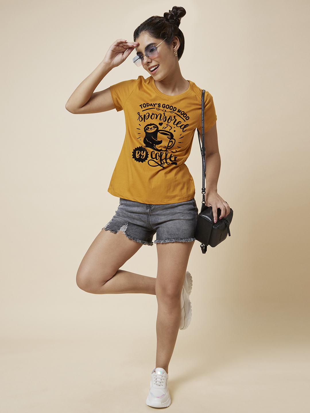 Globus Women Yellow Printed Cotton T-Shirt