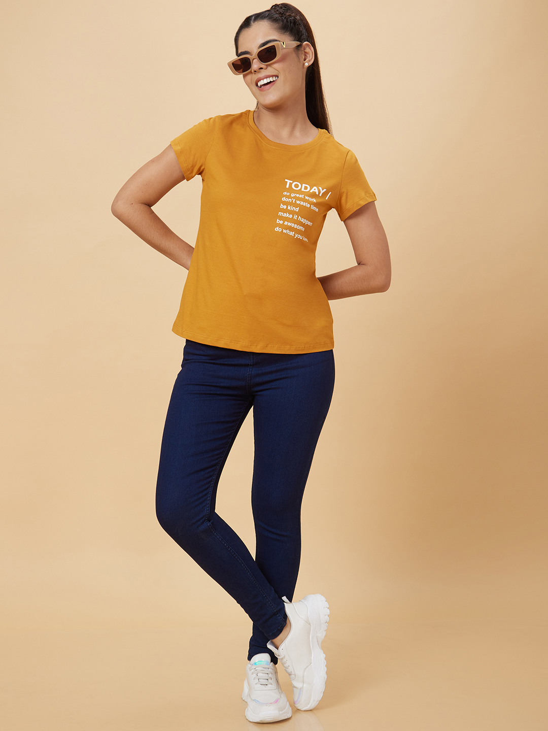 Globus Women Yellow Printed Cotton T-Shirt