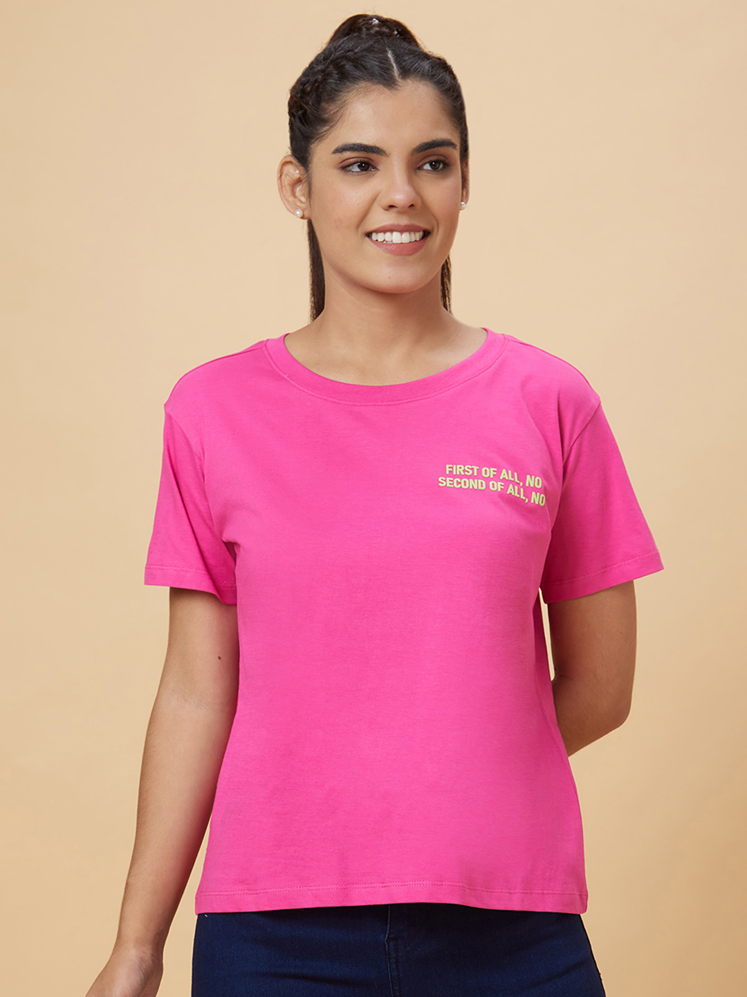 Globus Women Pink Printed Cotton T-Shirt