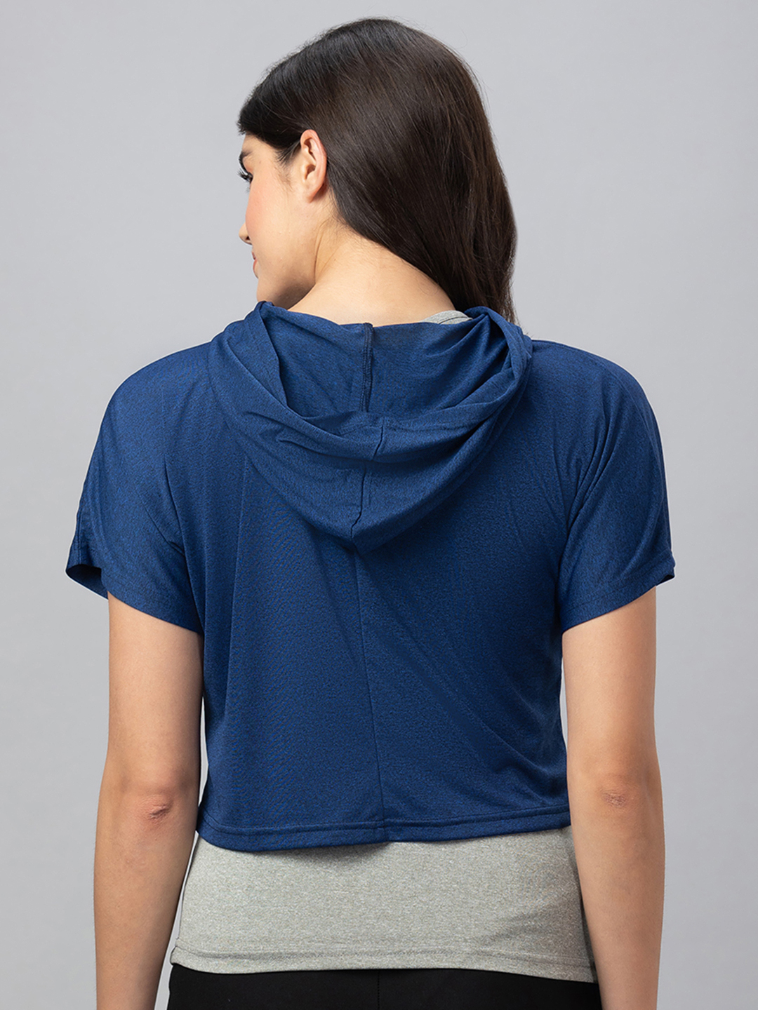 Globus Women Dark Blue Printed Hood Sports Boxy Fit Crop Tshirt