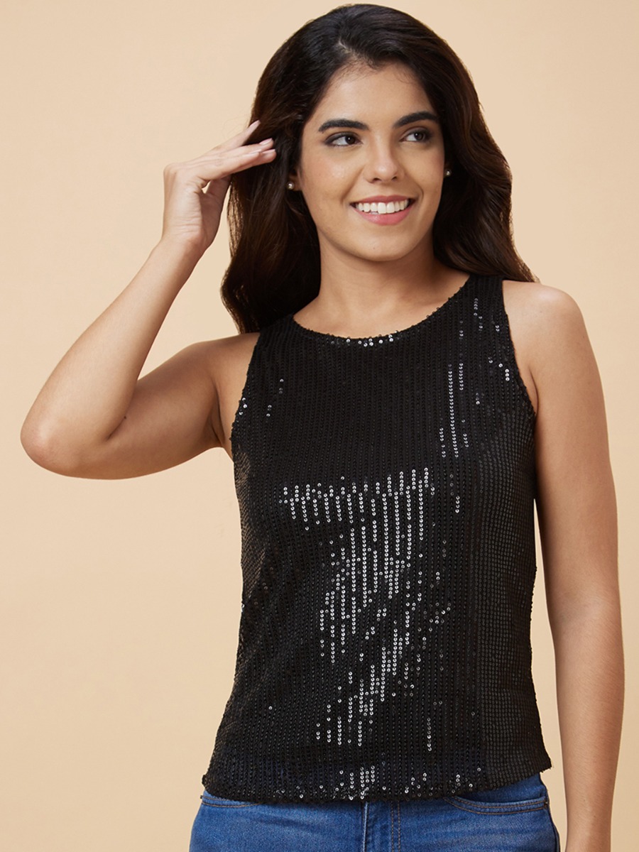 Globus Women Black Sequinned Striped Sleeveless Party Top 
