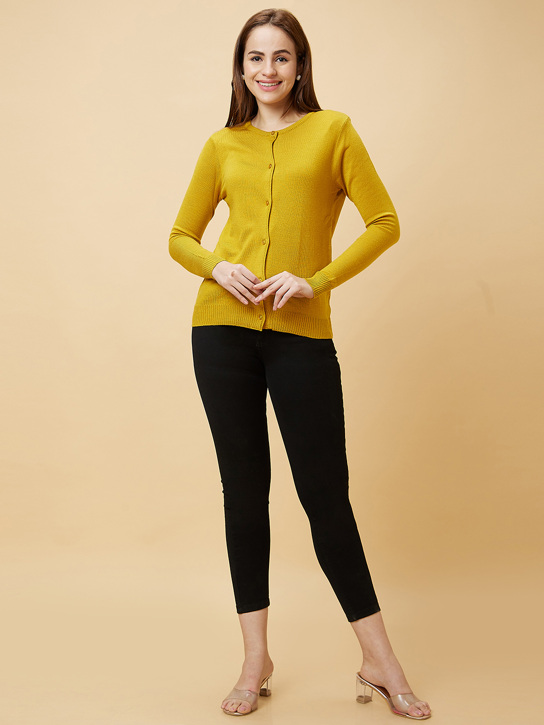 Globus Women Mustard Solid Knitted Casual Cardigan Sweater
