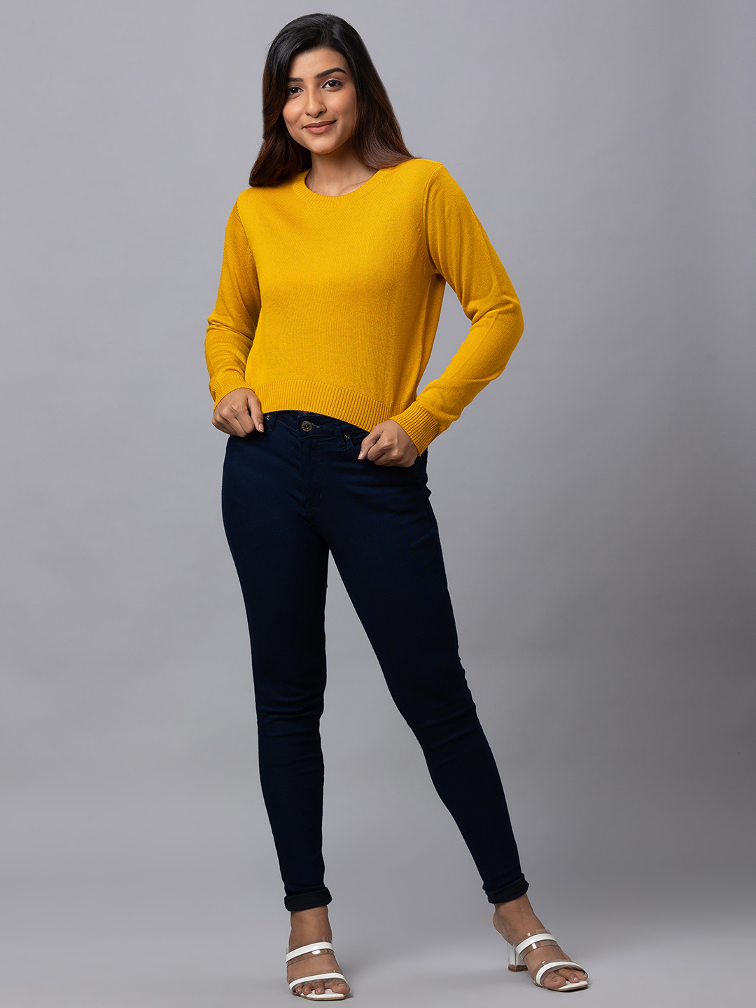 Globus Women Mustard Solid Pullover Sweater