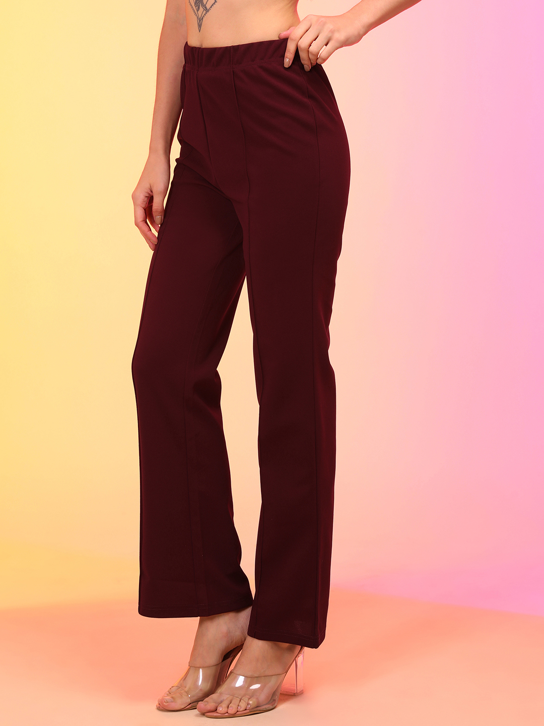 Globus Women Maroon High-Rise Flat Front Bootcut Trousers