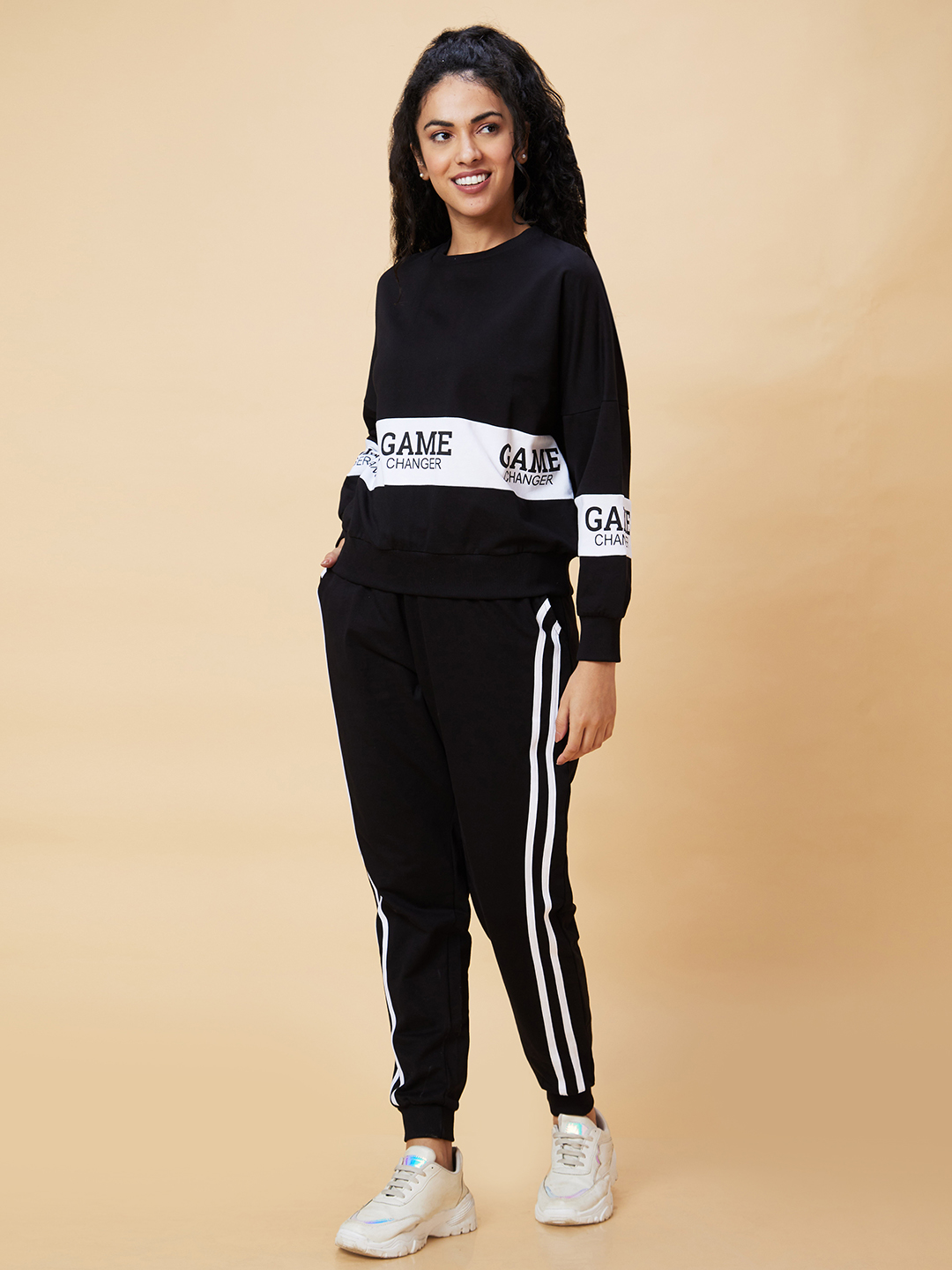 Globus Women Black Printed Casual Boxy Fit Co-Ord Set With Sweatshirt And Jogger