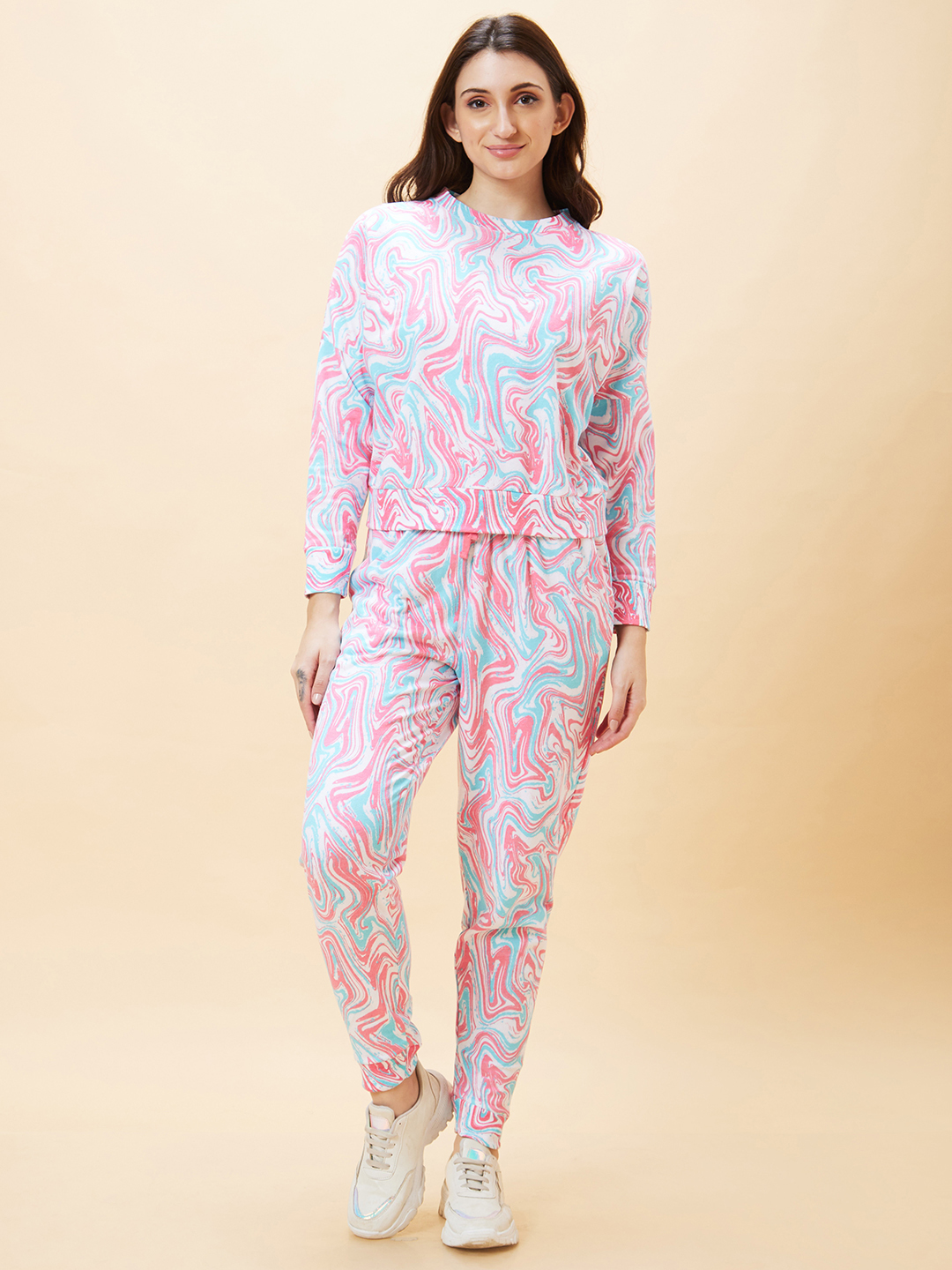 Globus Women Multicolour Marble Print Co-Ord Set with Sweatshirt And Joggers