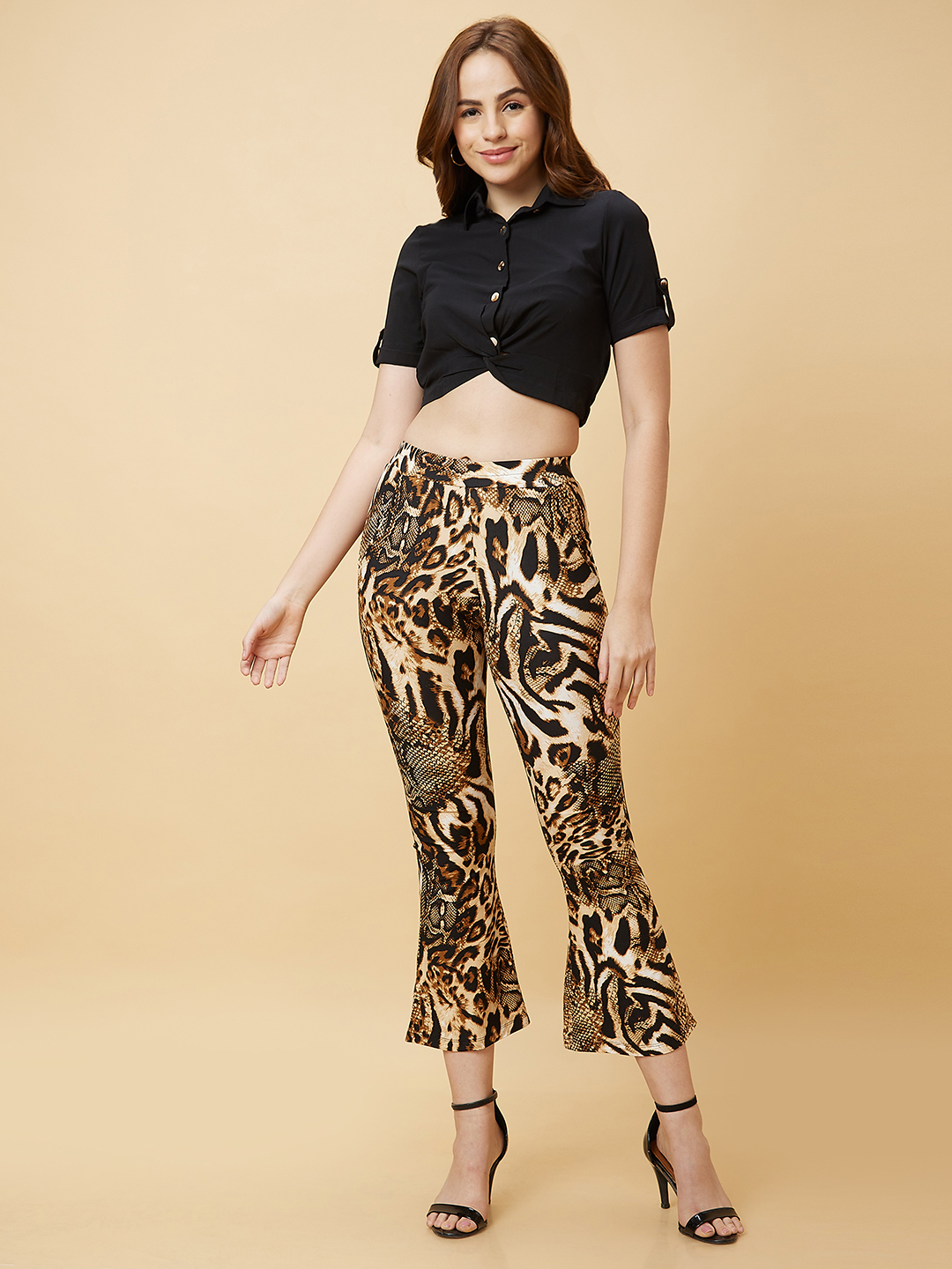 Globus Women Black Casual Co-Ord Set with Solid Twisted Crop Top and Animal Print Trouser