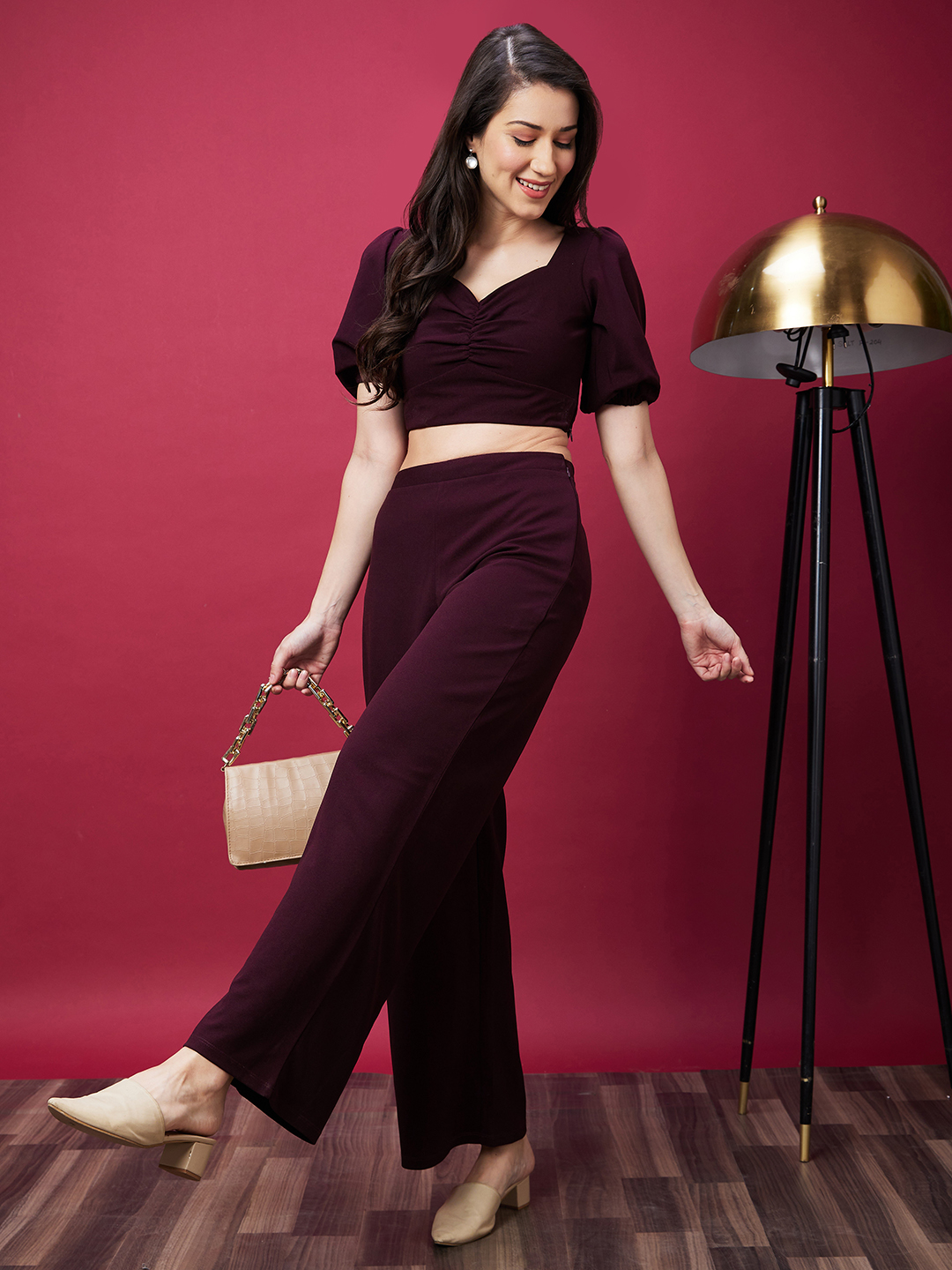 Globus Women Wine Solid Co-Ord Set With Crop Top And Trouser