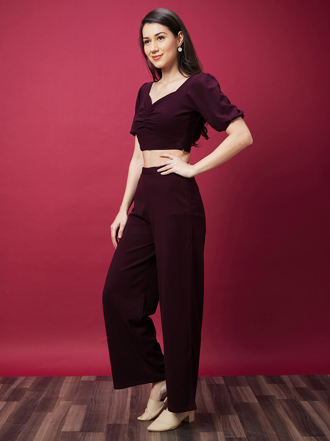 Globus Women Wine Solid Co-Ord Set With Crop Top And Trouser