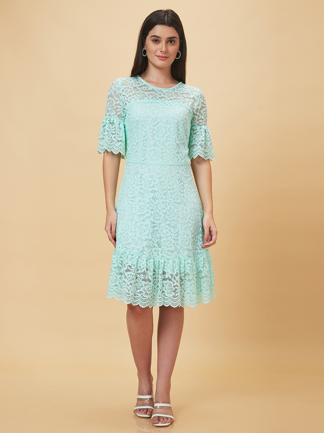 Globus Women Mint Green Floral Lace Design Flared Hem A-Line Dress