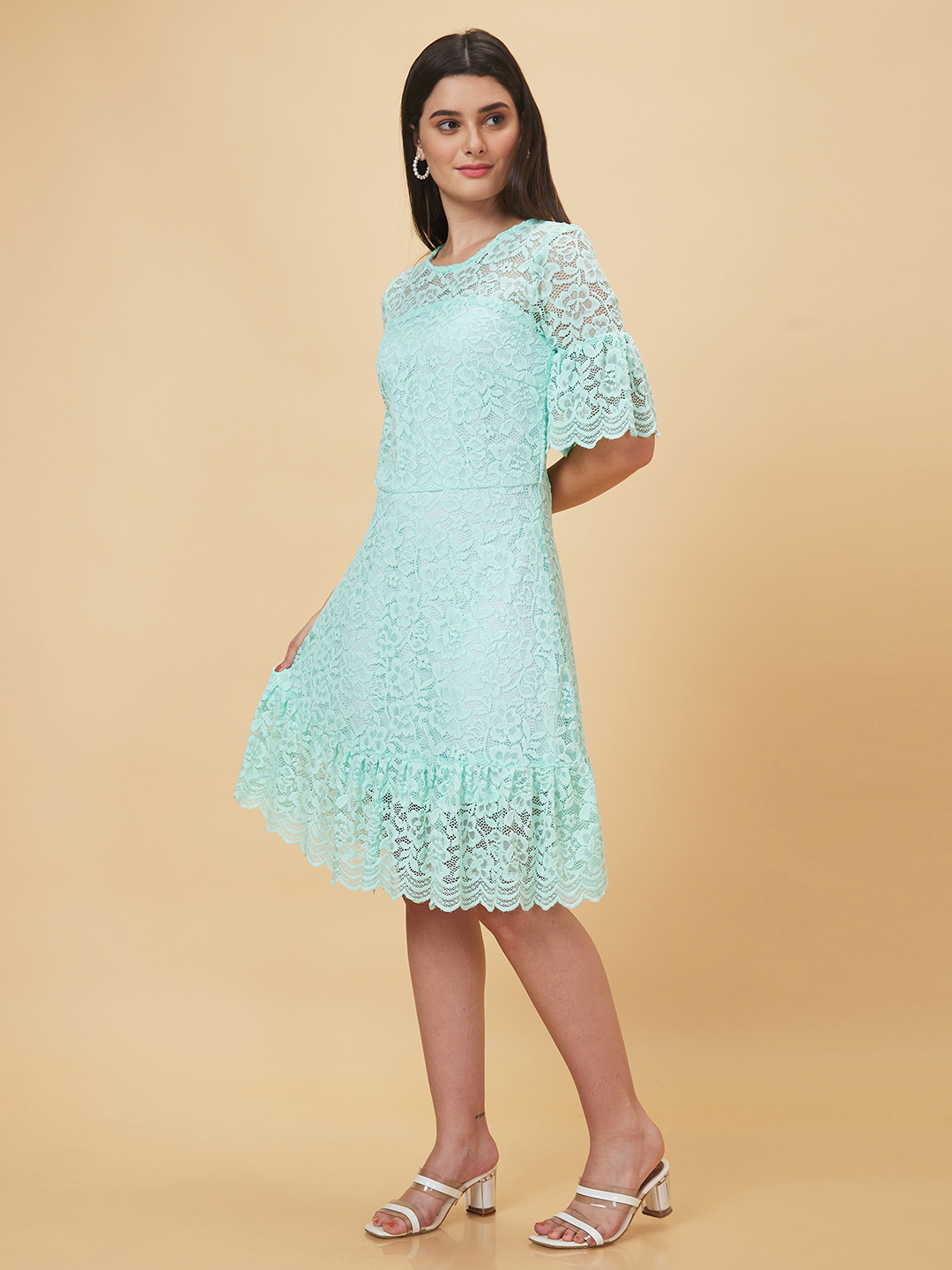 Globus Women Mint Green Floral Lace Design Flared Hem A-Line Dress