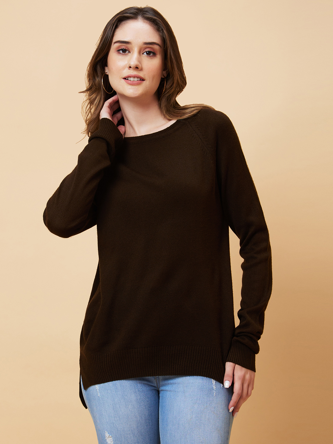 Globus Women Brown Solid Raglan Sleeves Pullover Top