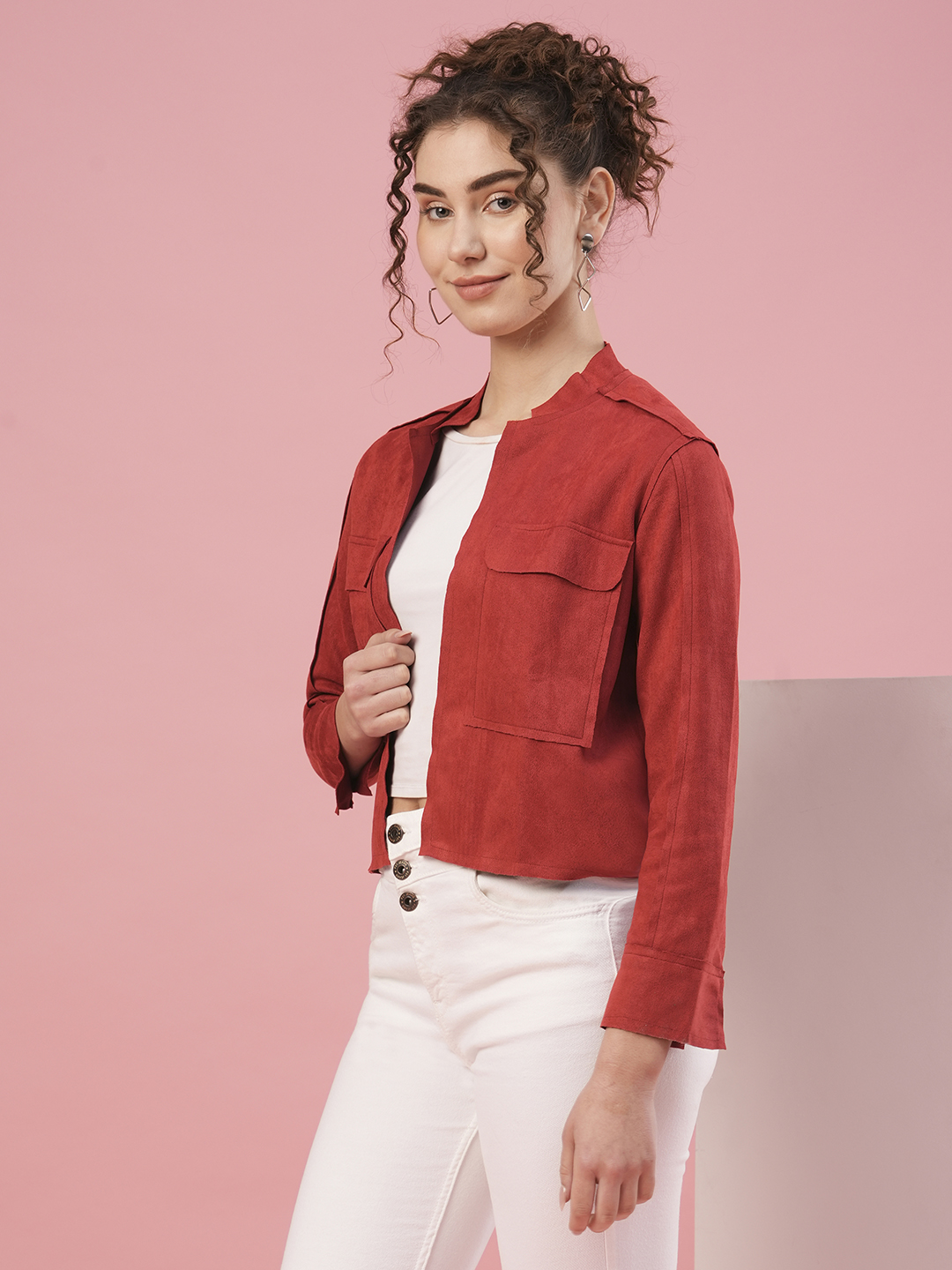 Globus Women Red Mandarin Collar Full Sleeves Open Front Jacket