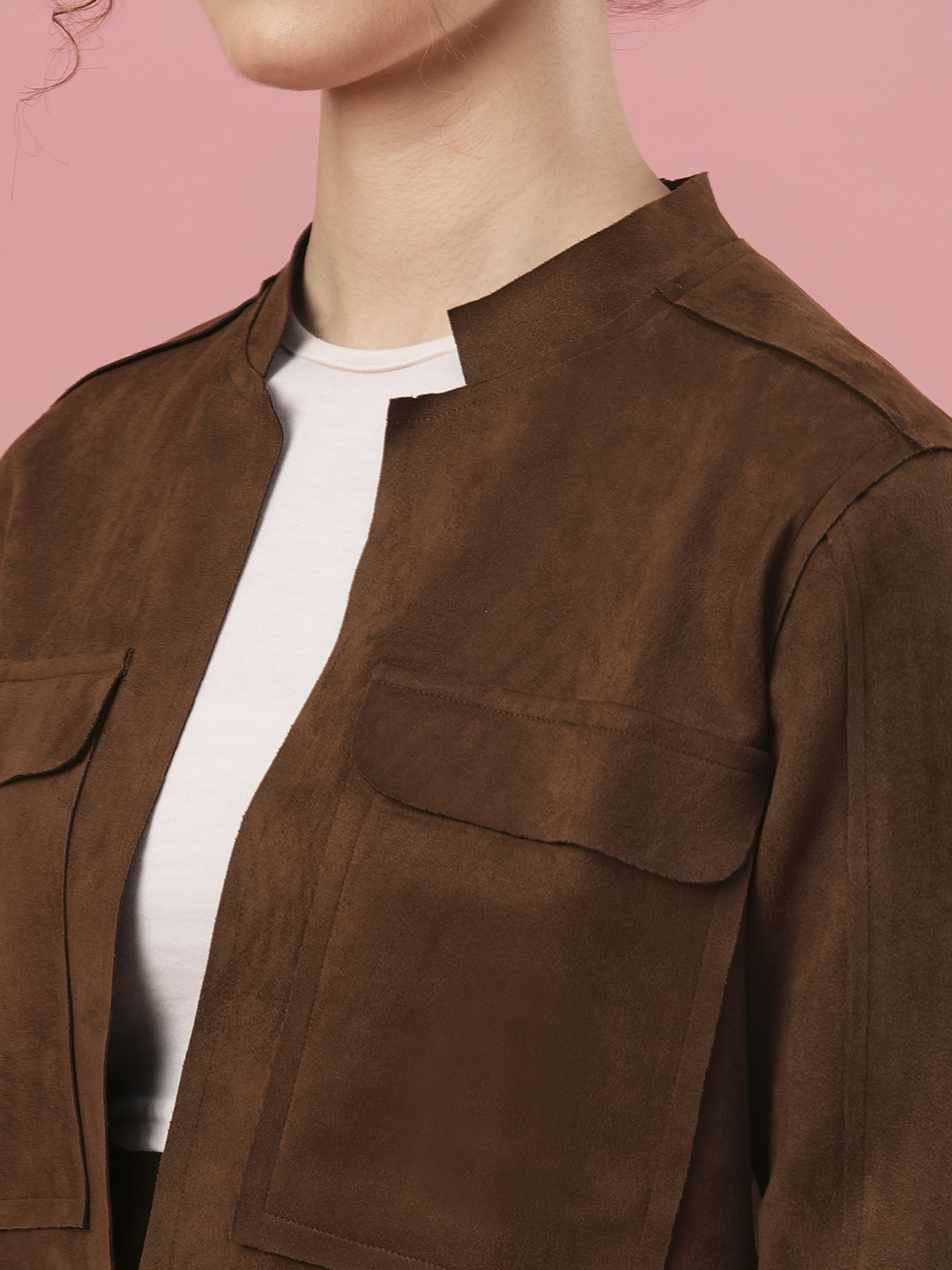 Globus Women Brown Mandarin Collar Full Sleeves Open Front Jacket