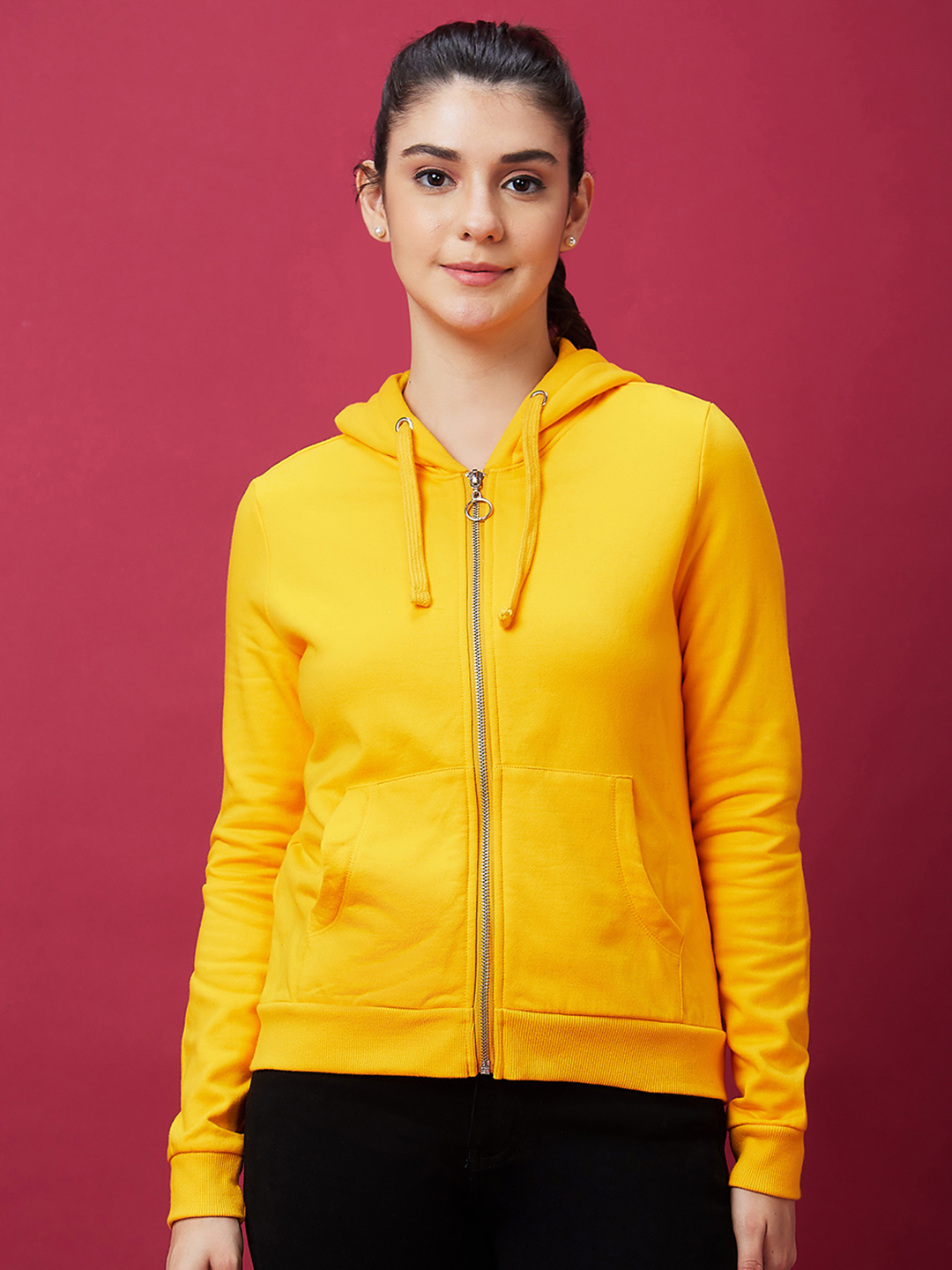 Globus Women Yellow Solid Casual Zip Front Hooded Drop Shoulder Sweatshirt