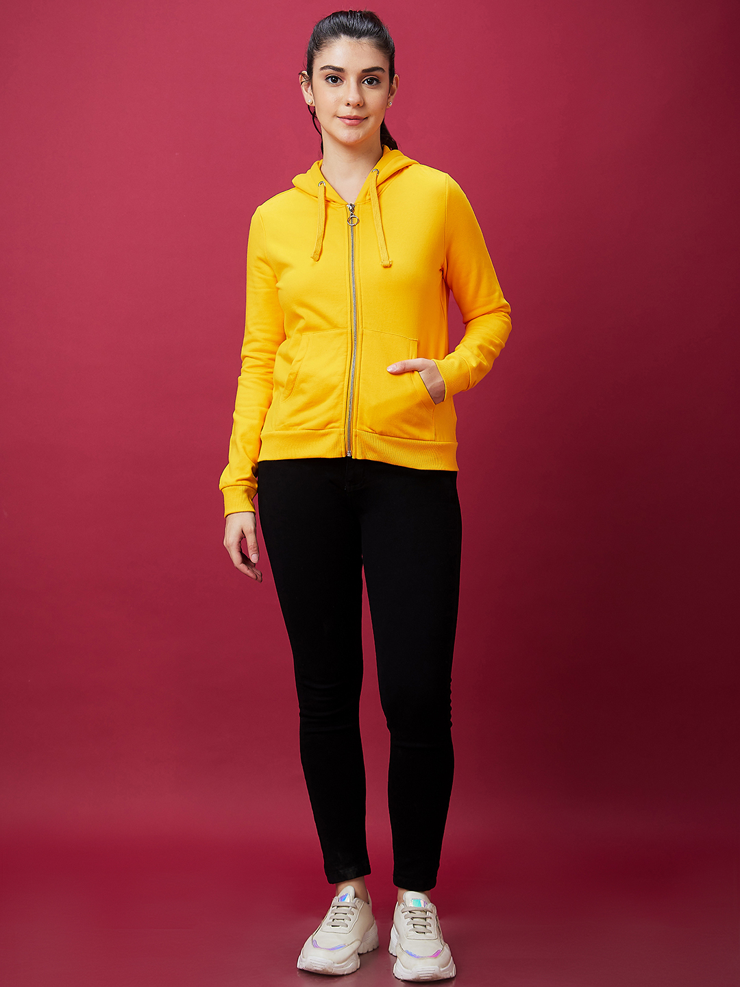 Globus Women Yellow Solid Casual Zip Front Hooded Drop Shoulder Sweatshirt
