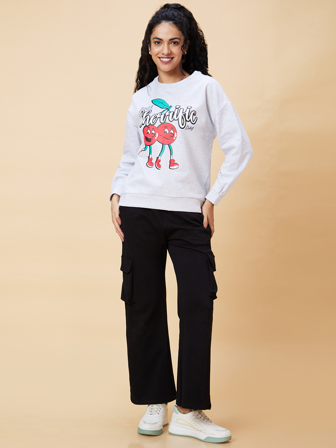 Globus Women Grey Melange Graphic Print Round Neck Casual Boxy Fit Pullover Sweatshirt