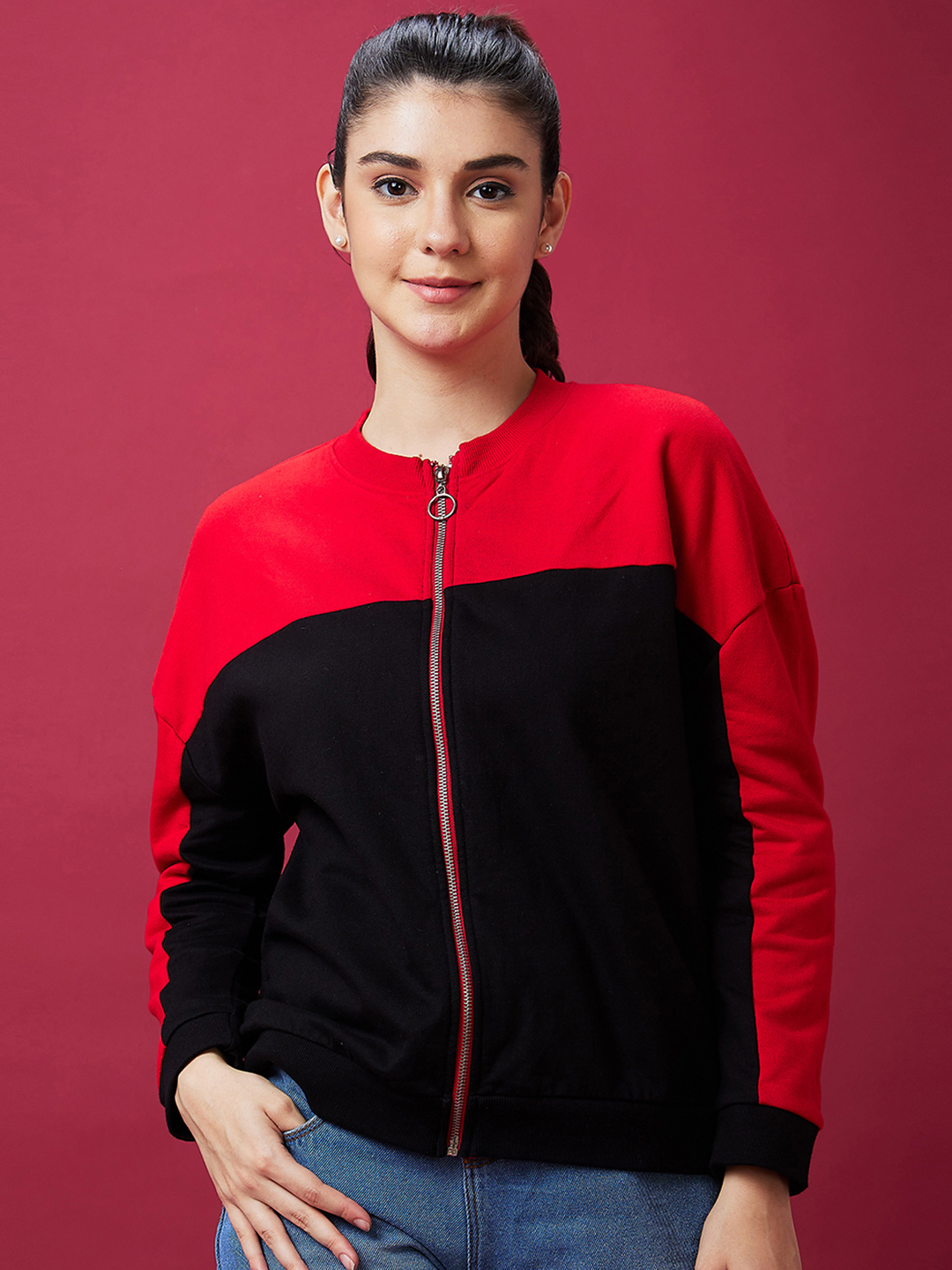 Globus Women Black Casual Colourblocked Ribbed Drop Shoulder Sweatshirt