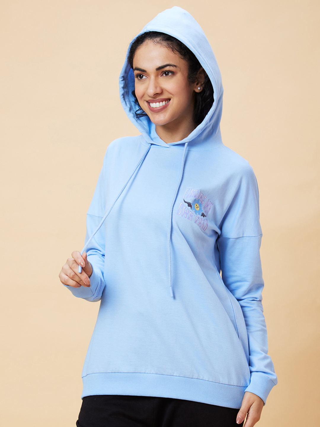Globus Women Blue Graphic Hooded Casual Boxy Fit Pullover Sweatshirt