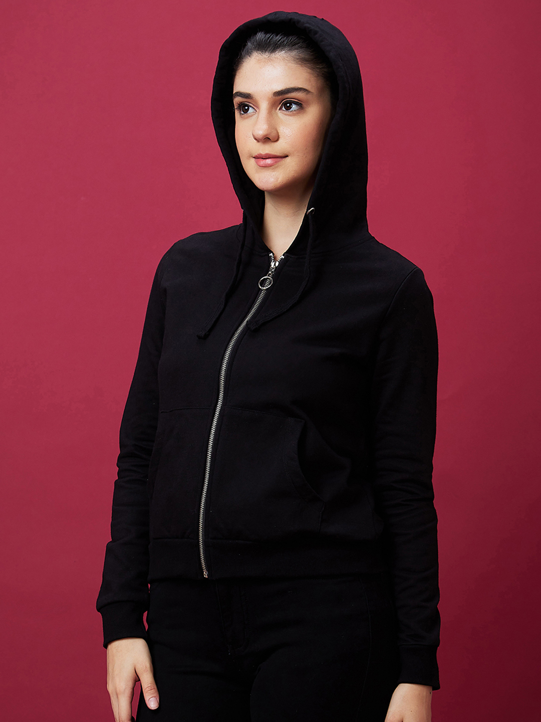 Globus Women Black Solid Casual Zip Front Hooded Drop Shoulder Sweatshirt