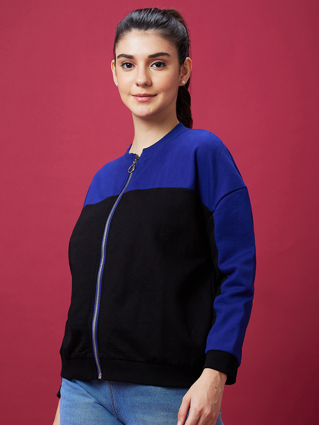 Globus Women Blue Casual Colourblocked Ribbed Drop Shoulder Sweatshirt