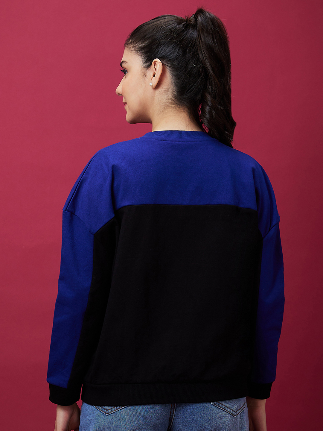 Globus Women Blue Casual Colourblocked Ribbed Drop Shoulder Sweatshirt