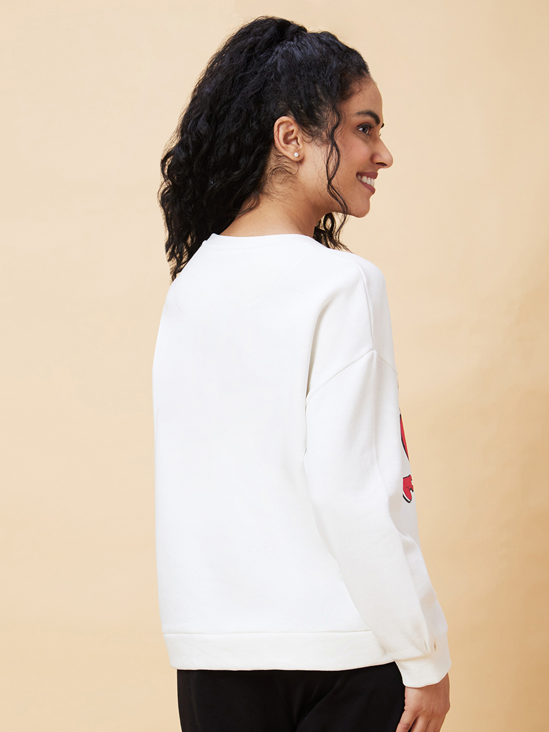 Globus Women White Graphic Print Round Neck Casual Boxy Fit Pullover Sweatshirt