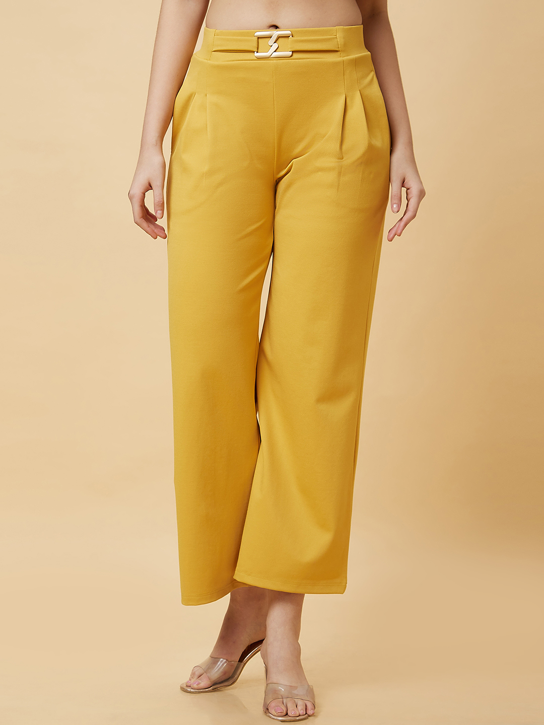 Globus Women Mustard Solid High-Rise Loose Fit Pleated Slip-On Trouser