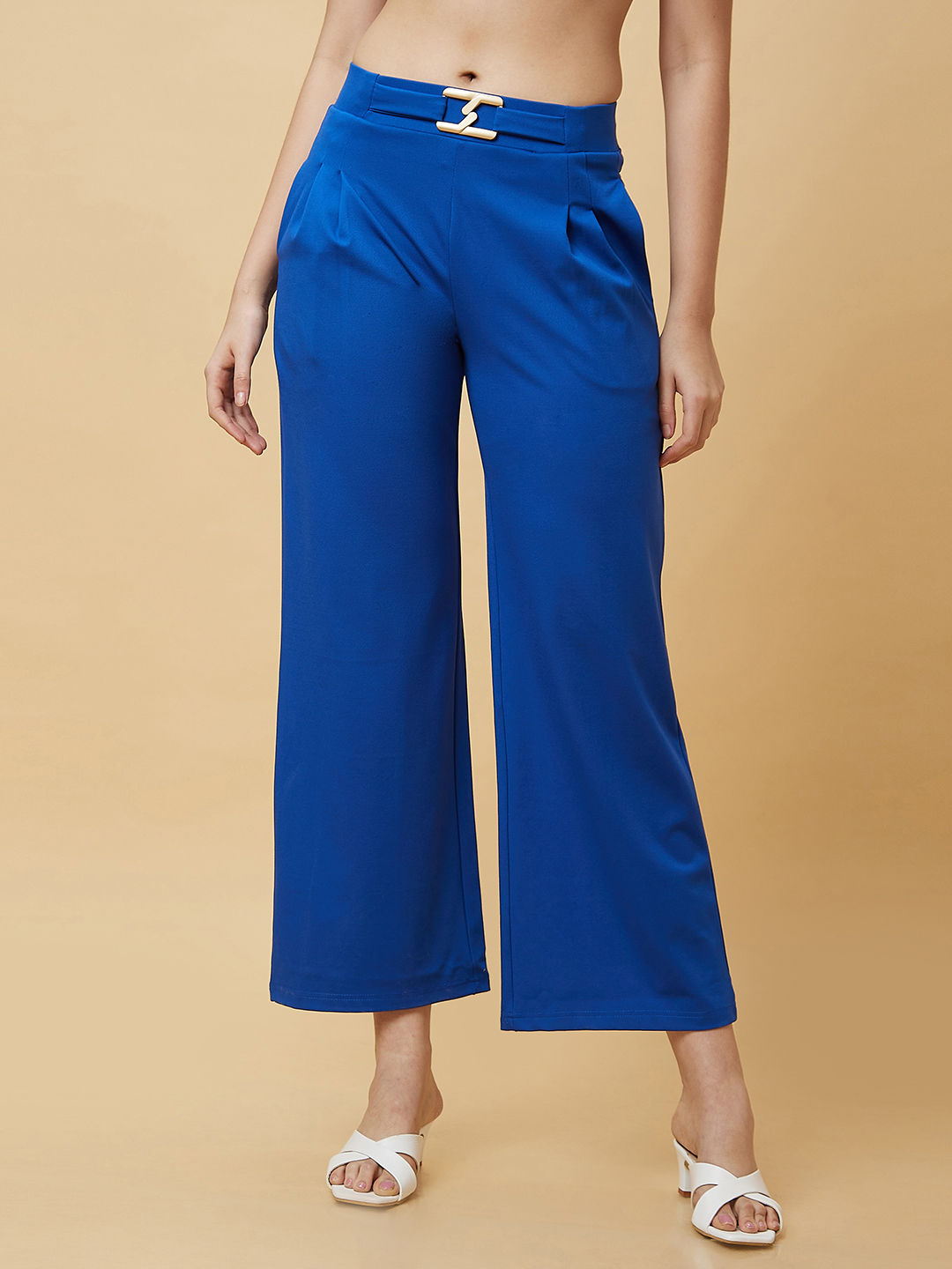 Globus Women Blue Solid High-Rise Loose Fit Pleated Slip-On Trouser