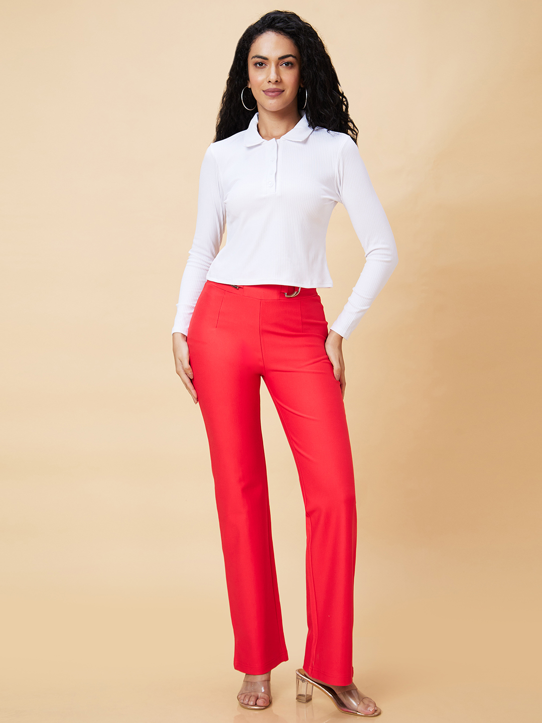 Globus Women Red Solid High-Rise Straight Fit Casual Trouser