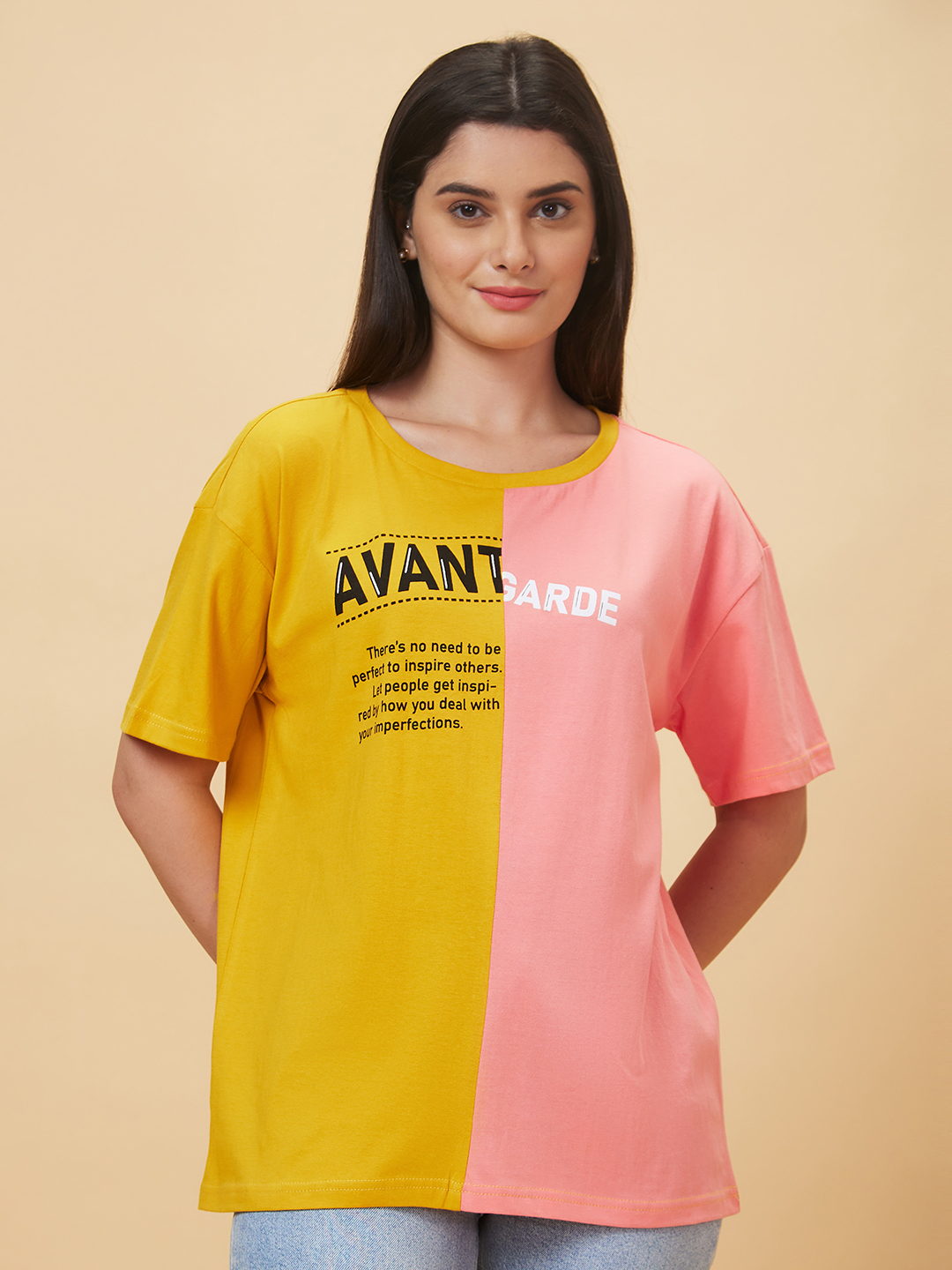 Globus Women Mustard Colourblocked Round Neck Casual Boxy Fit T-shirt