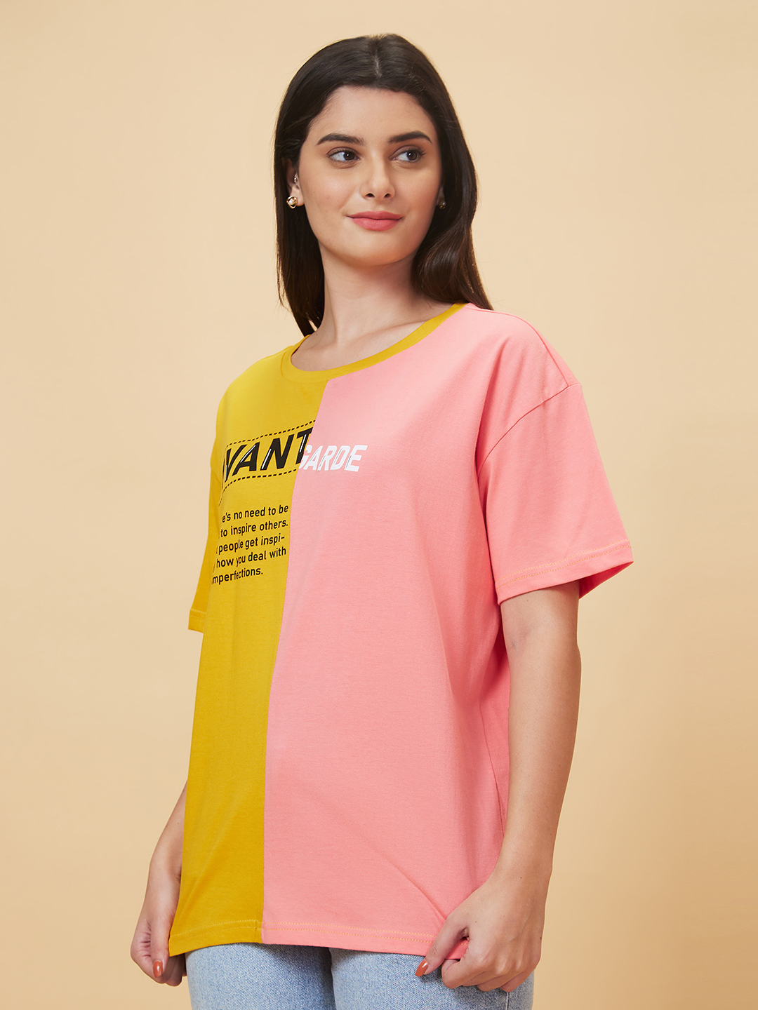 Globus Women Mustard Colourblocked Round Neck Casual Boxy Fit T-shirt