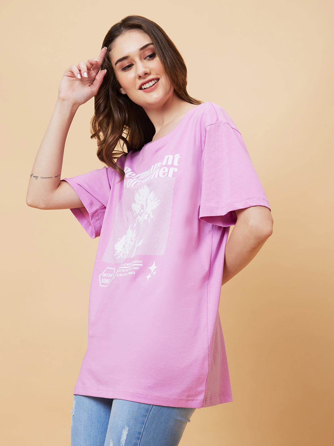 Globus Women Lilac Graphic Print Round Neck Oversized Casual T-Shirt