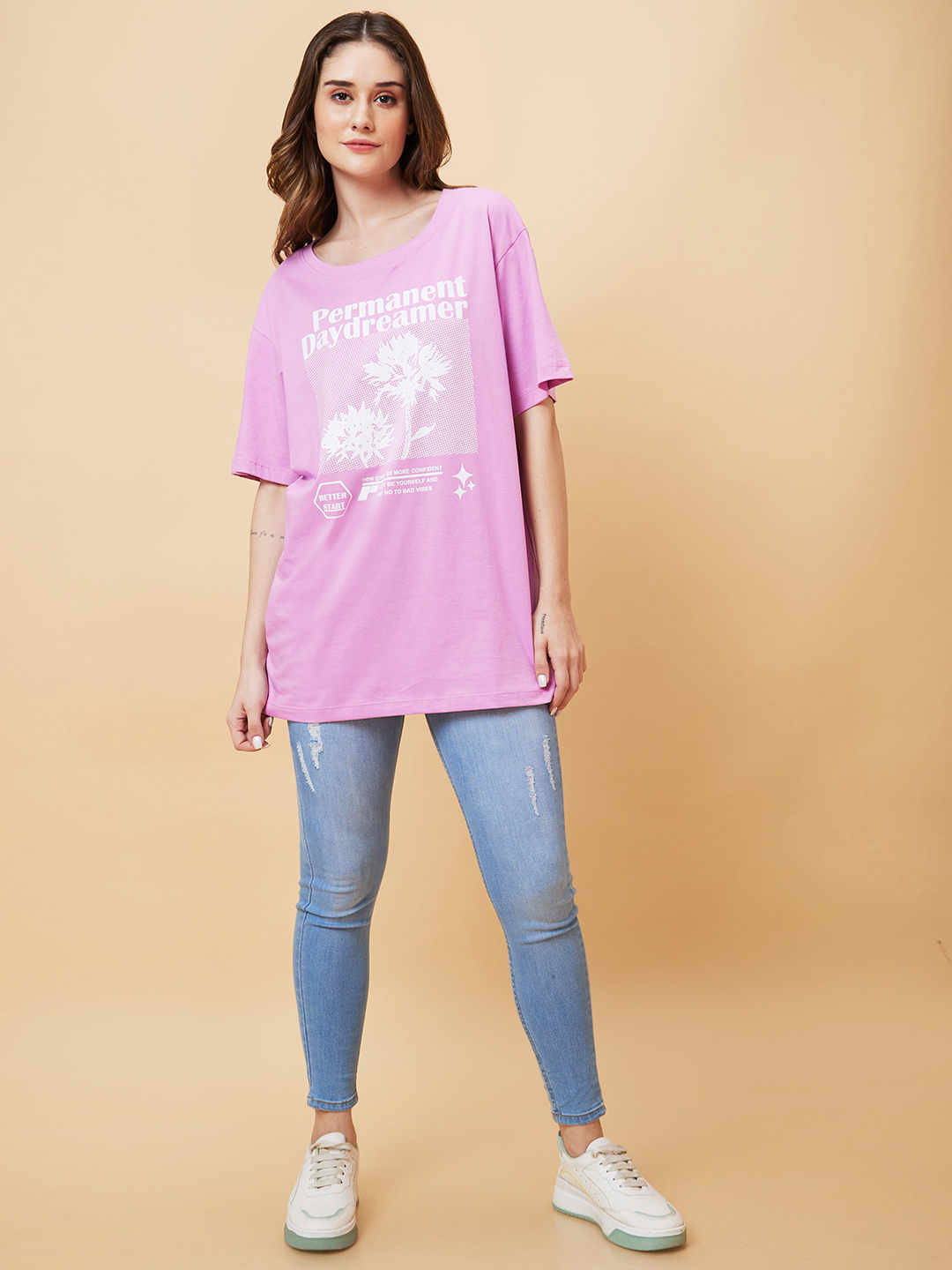Globus Women Lilac Graphic Print Round Neck Oversized Casual T-Shirt