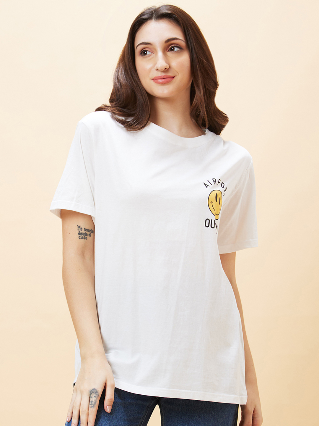 Globus Women Ivory Typography Print Round Neck Oversized Casual T-Shirt