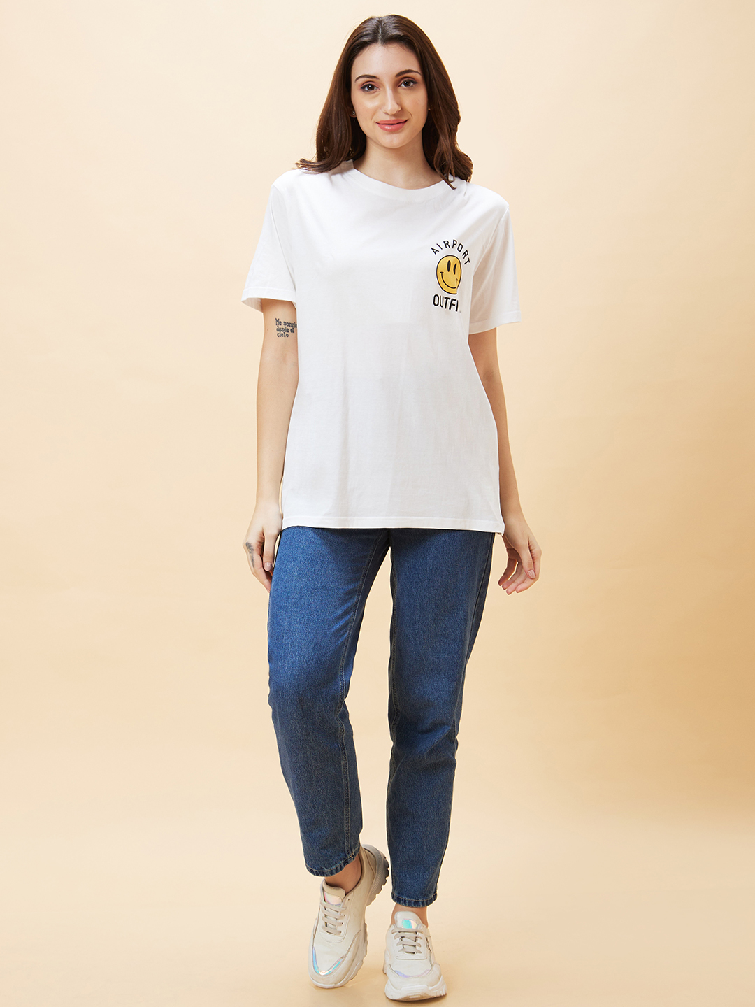 Globus Women Ivory Typography Print Round Neck Oversized Casual T-Shirt