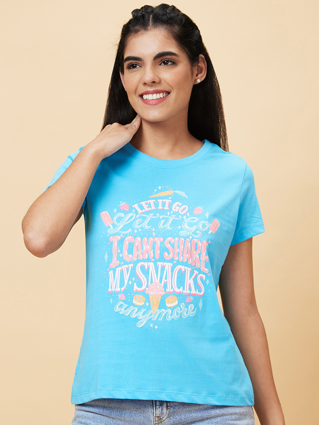 Globus Women Turquoise Printed Round Neck Casual Regular Fit T-shirt
