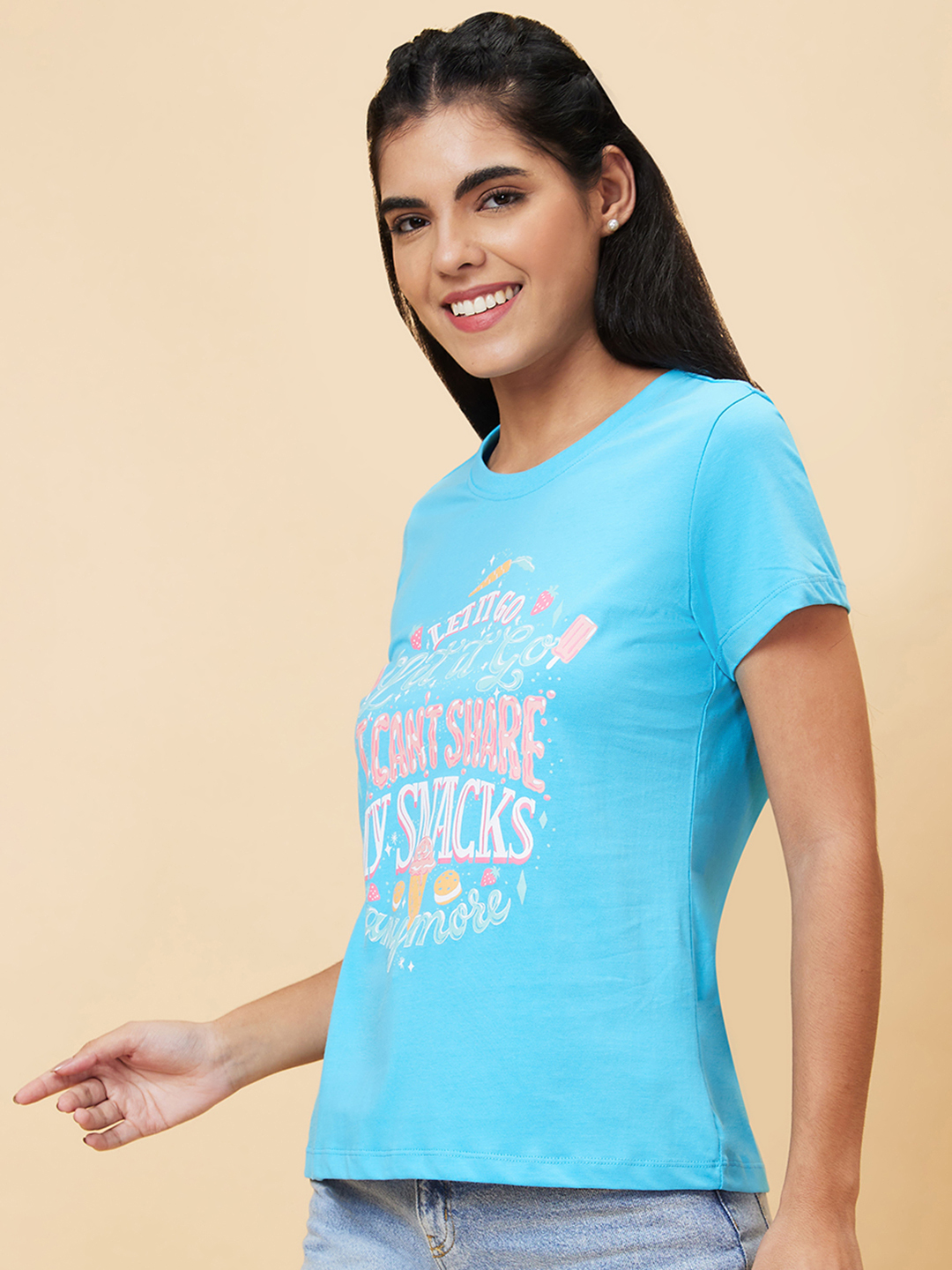 Globus Women Turquoise Printed Round Neck Casual Regular Fit T-shirt