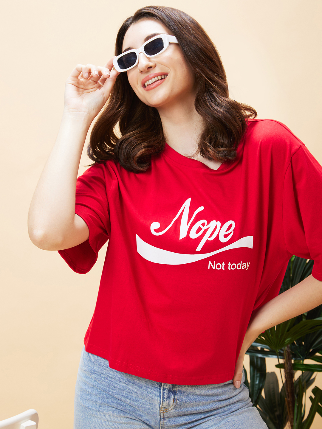 Globus Women Red Drop Shoulder Graphic Printed Oversized Trendy Crop T-Shirt