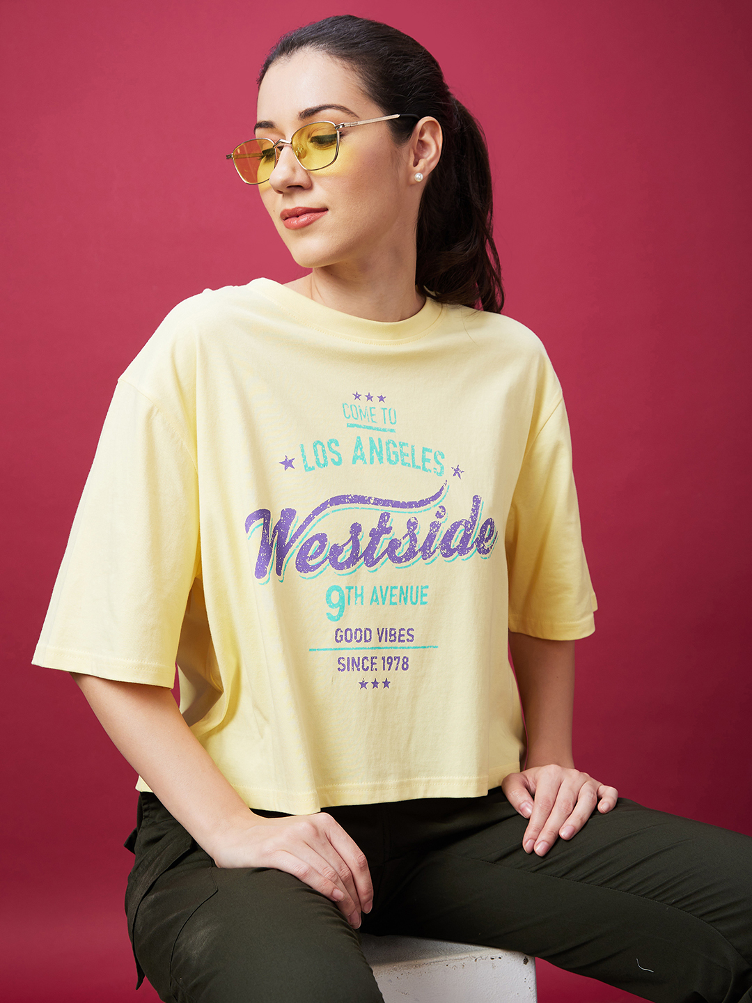 Globus Women Yellow Typography Print Drop-Shoulder Sleeves Crop Boxy Tshirt