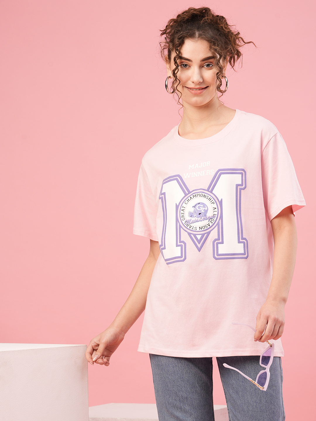 Globus Women Pink Drop Shoulder Varsity Print Cotton Boxy Fit T-Shirt