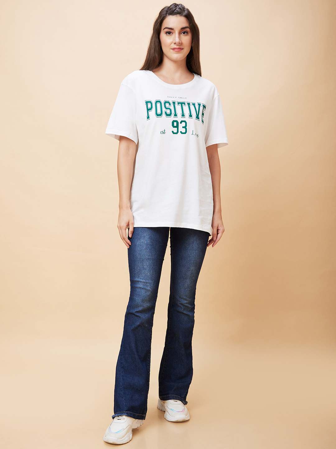 Globus Women Ivory Typography Print Round Neck Casual Oversized T-Shirt